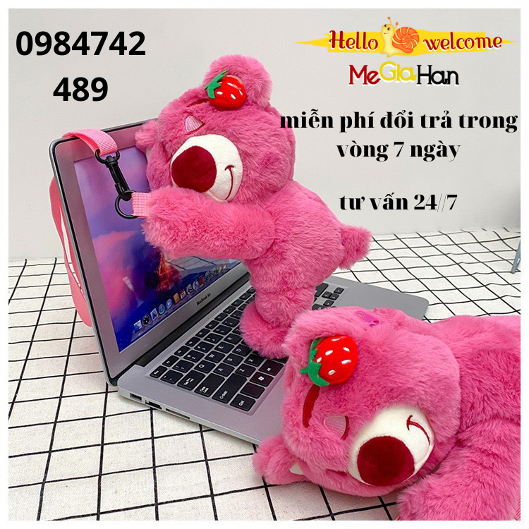 Túi Gấu Dâu Lotso, Túi Đeo Chéo Gấu Dâu Chính Hãng Lông Mềm Mịn