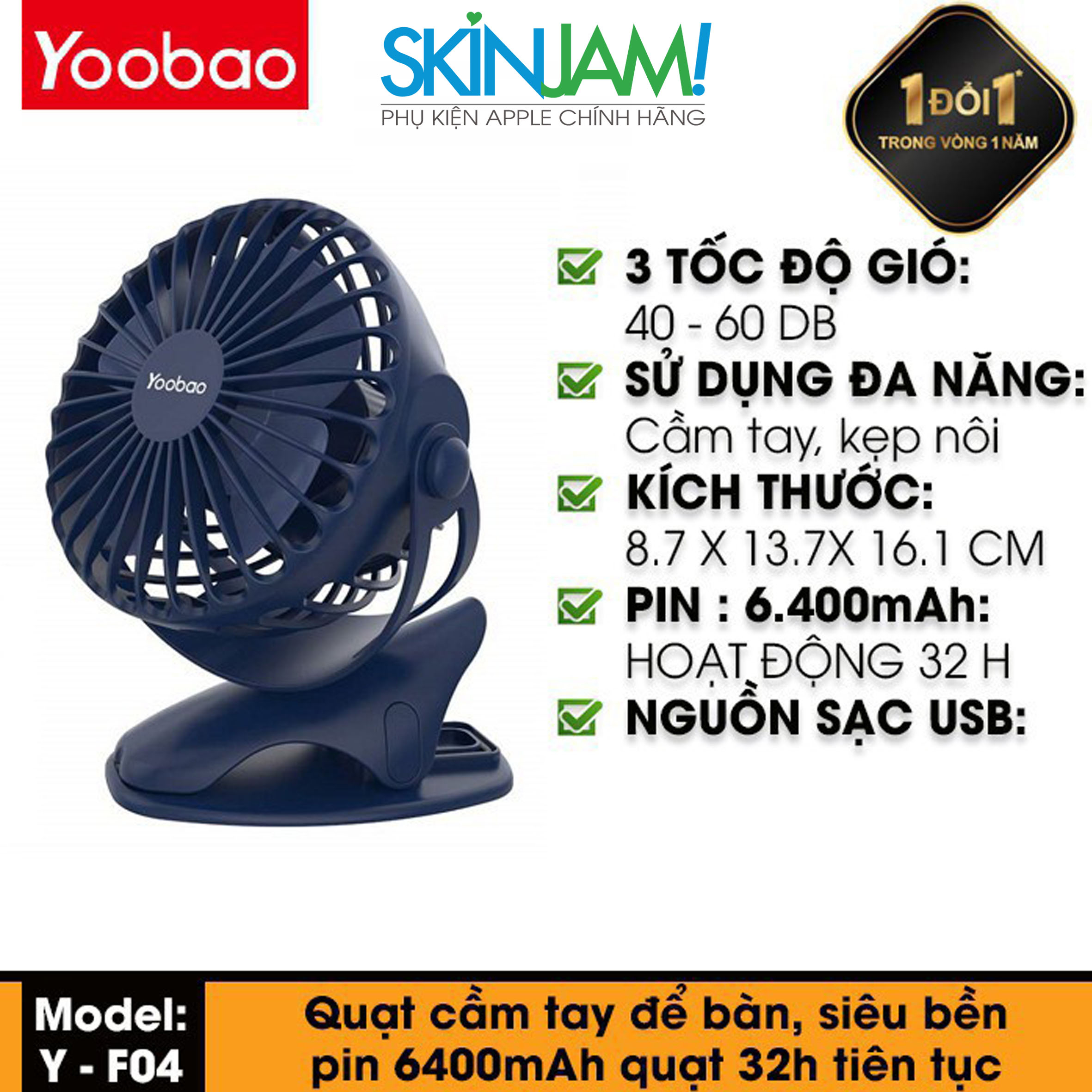 Quạt Yoobao F04 bản 6400mAh  Quạt kẹp tích điện YOOBAO Dùng Liên Tục 32 Tiếng 6400mAh Y-F04