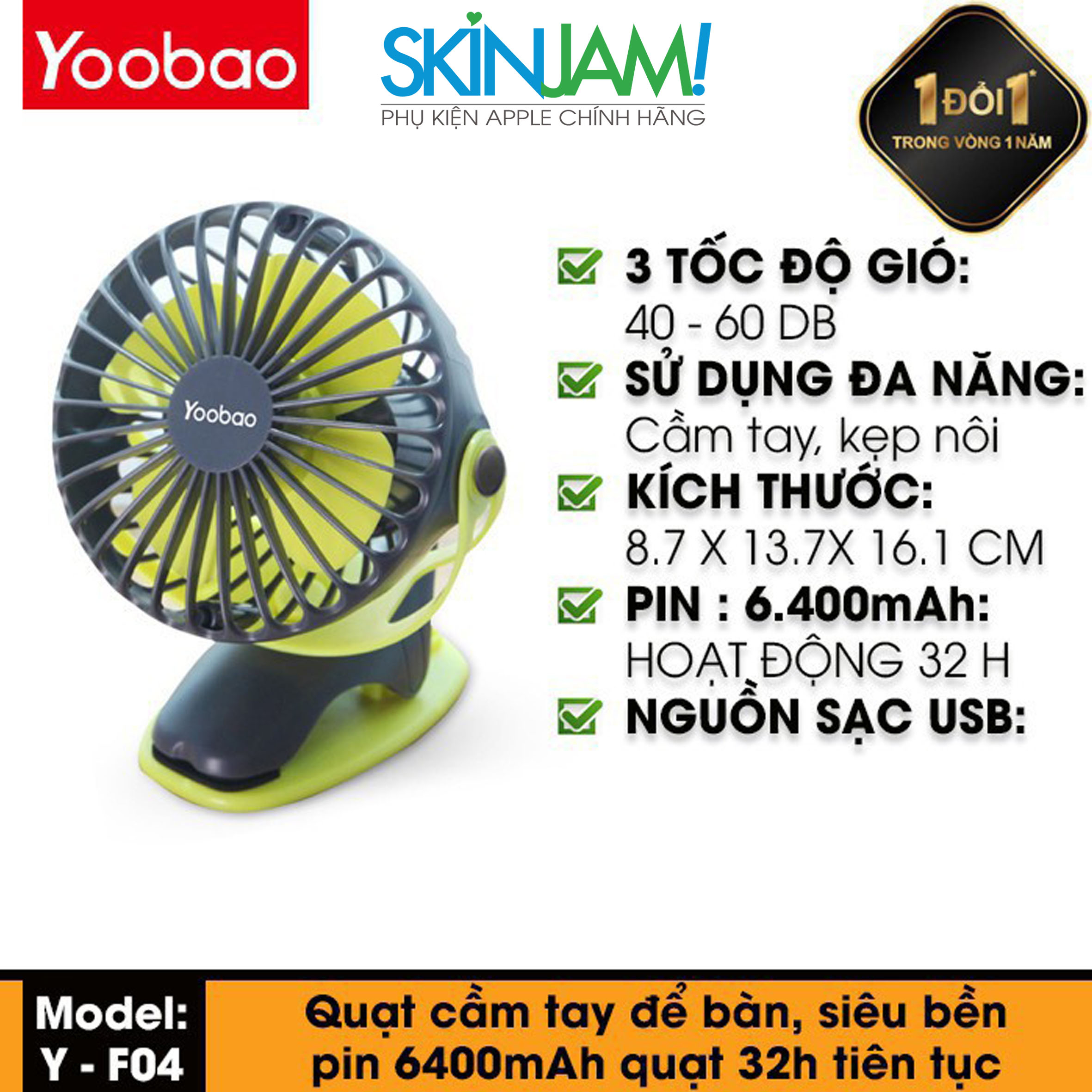 Quạt Yoobao F04 bản 6400mAh  Quạt kẹp tích điện YOOBAO Dùng Liên Tục 32 Tiếng 6400mAh Y-F04