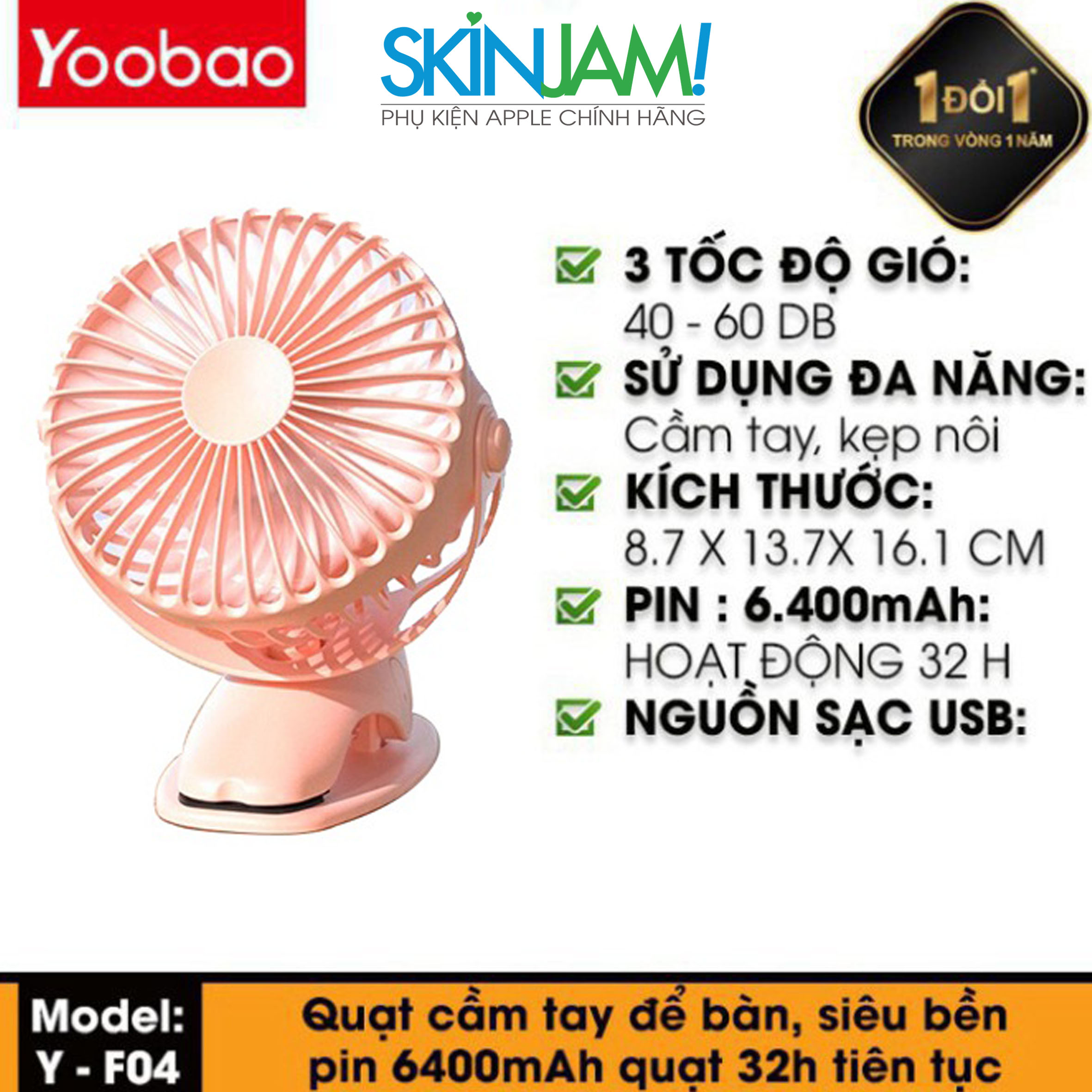 Quạt Yoobao F04 bản 6400mAh  Quạt kẹp tích điện YOOBAO Dùng Liên Tục 32 Tiếng 6400mAh Y-F04