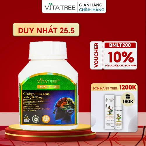 Viên uống bổ não Vitatree Ginkgo Plus 6000 With Q10 50mg 60 viên cải thiện trí nhớ