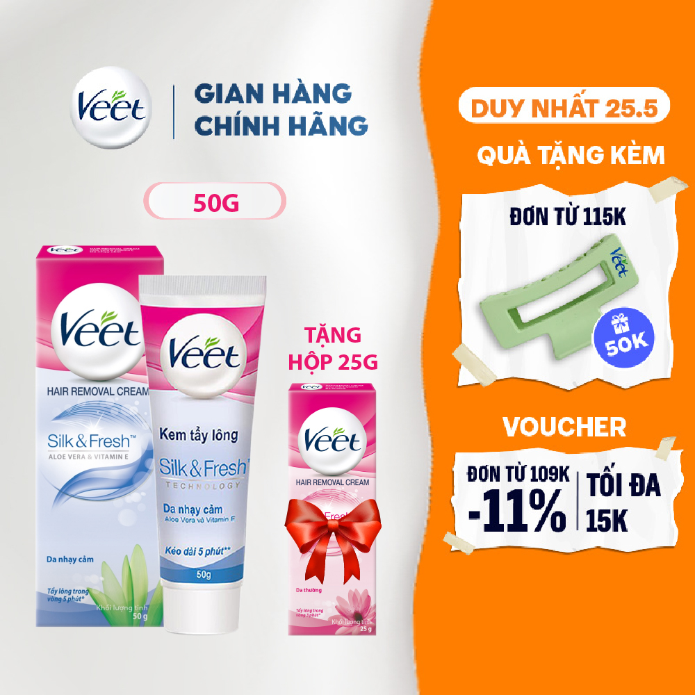 Kem tẩy lông cho da nhạy cảm Veet Silk Fresh 50g - Tặng Kem tẩy lông cho da thường 25g