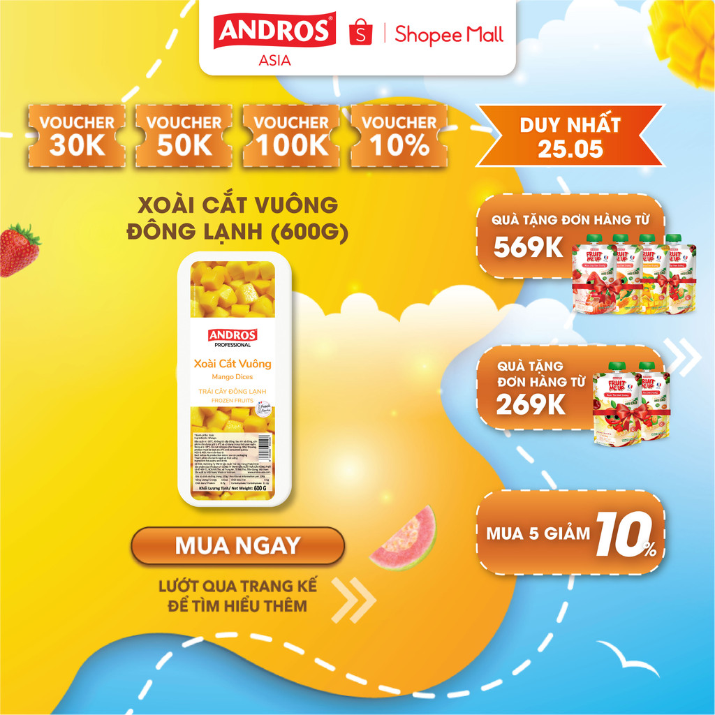 Xoài Cắt Vuông Đông Lạnh - Không chất bảo quản - Trái cây đông lạnh ANDROS IQF - 600g - [Chỉ giao HCM]