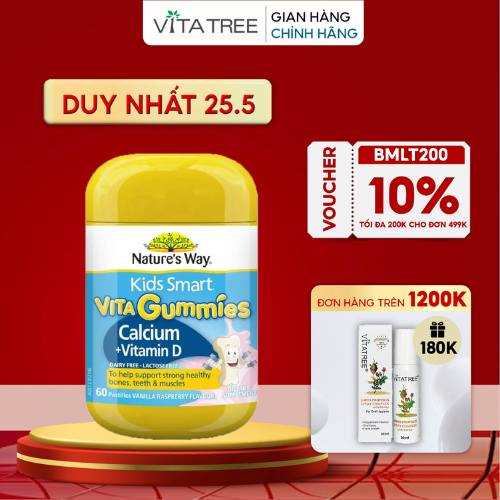 Kẹo nhai Calcium + Vitamin D3 200IU cho trẻ Nature’s Way Vita Gummies giúp bổ sung và hấp thụ canxi, d3 60 viên