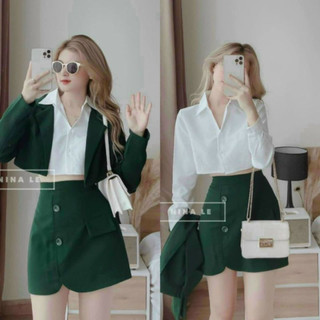 Set vest 3 món áo sơ mi trắng mix áo khoác croptop tay dài kèm chân váy xẻ tà chữ A T642 - YADO