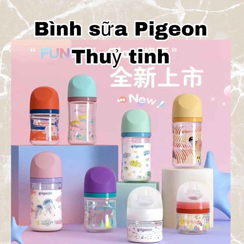 ( Mẫu Mới 2022) Bình Sữa Thủy Tinh Pigeon Cổ Rộng Cao Cấp 80ml/160ml/240ml