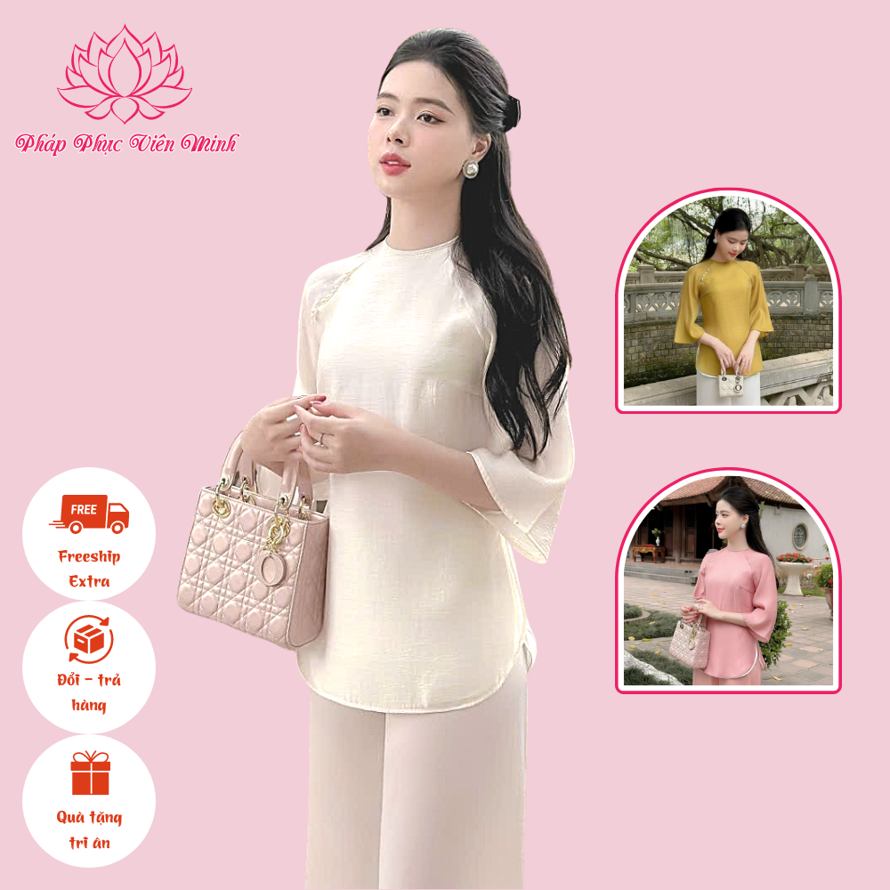 Pháp phục nữ đi chùa, bộ lam đi chùa chất liệu tơ crep - Pháp phục Viên Minh - VM01