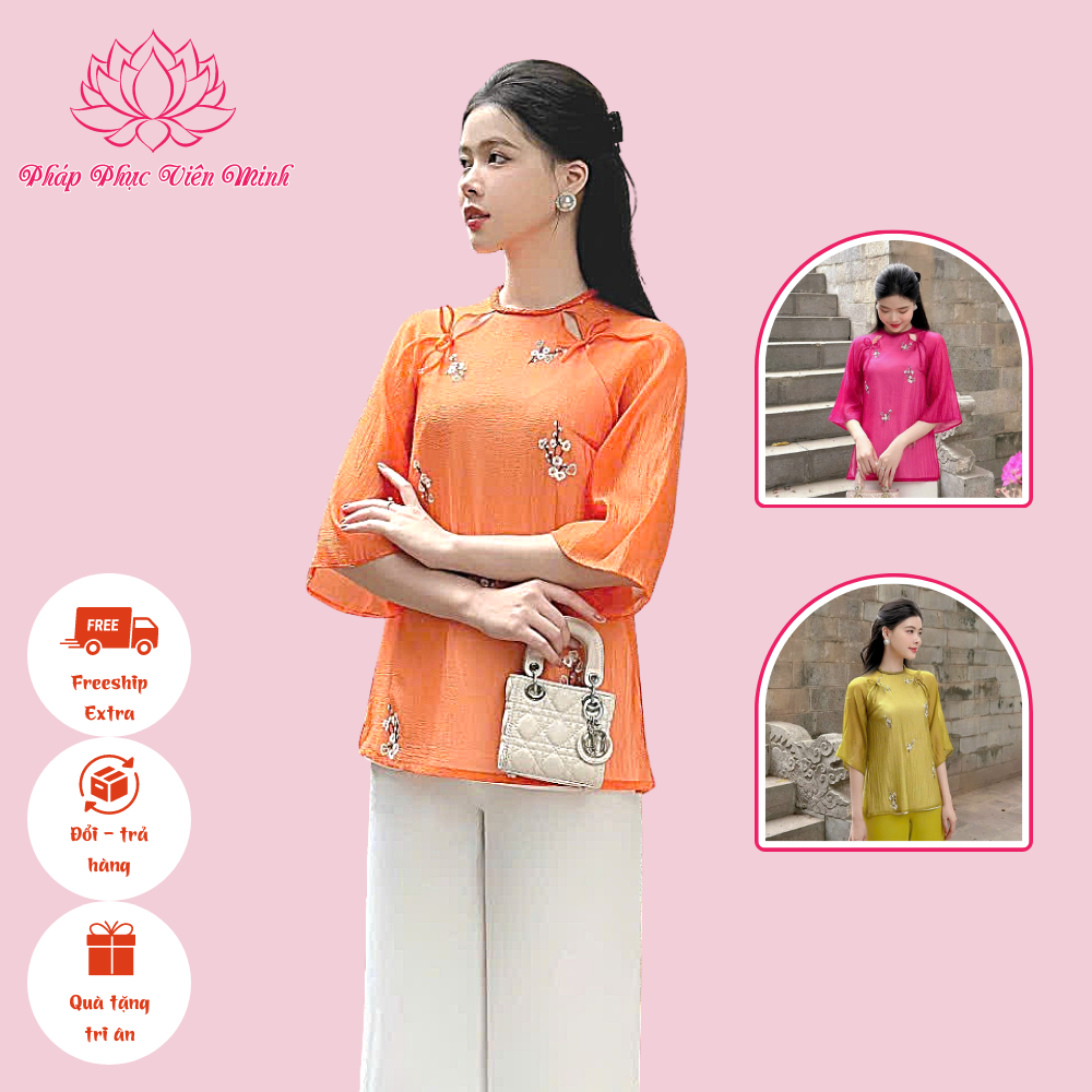 Pháp phục đi chùa, bộ đồ nữ đi chùa chất liệu tơ thêu hoa cao cấp - Pháp phục Viên Minh - VM02