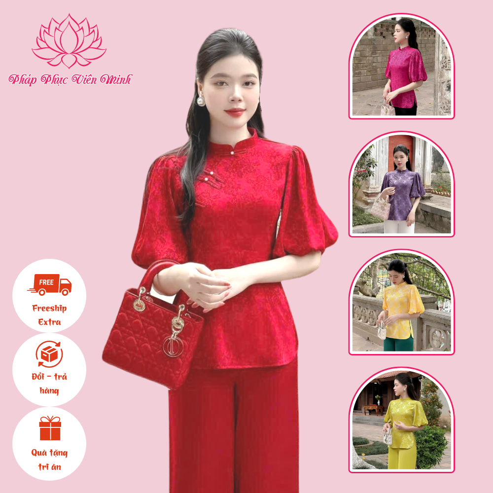 Pháp phục đi chùa, đồ bộ nữ đi chùa gấm hoa tay bồng cao cấp - Pháp phục Viên Minh - VM03