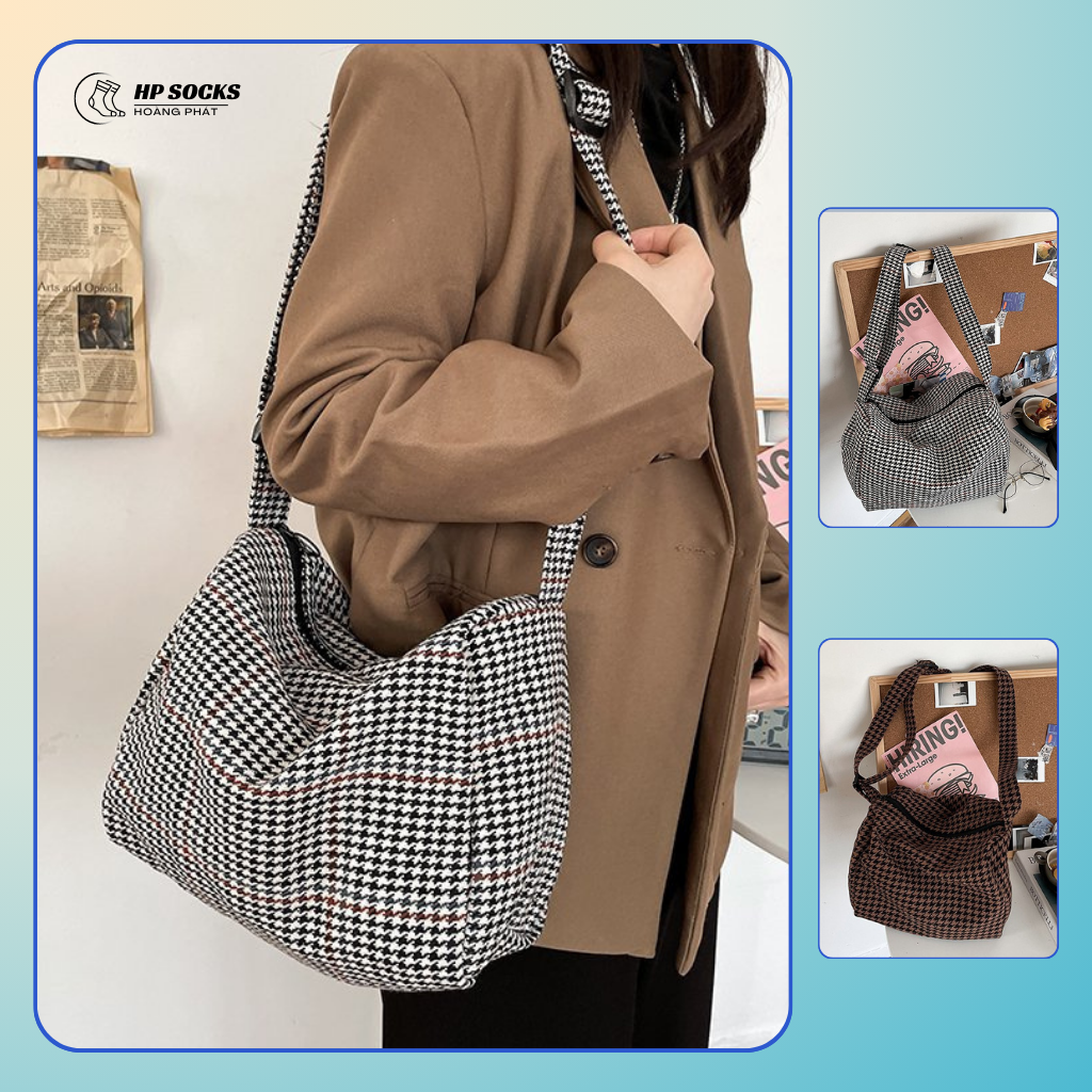 Túi Tote Vải Canvas Đeo Chéo Họa Tiết Caro Phong Cách Vintage Phù Hợp Đi Học, Đi Chơi Và Đi Làm