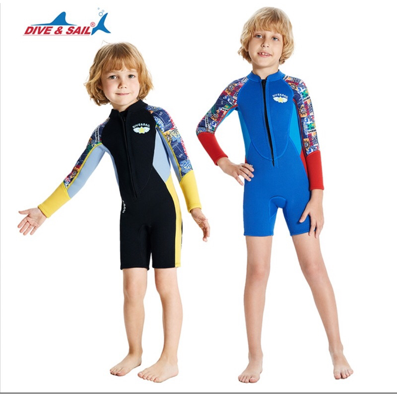 Đồ bơi giữ nhiệt tay dài quần ngắn khoá trước  dày 2.5mm cho bé trai M153722K Dive & Sail xanh cổ tay đỏ,đen cổ tay vàng
