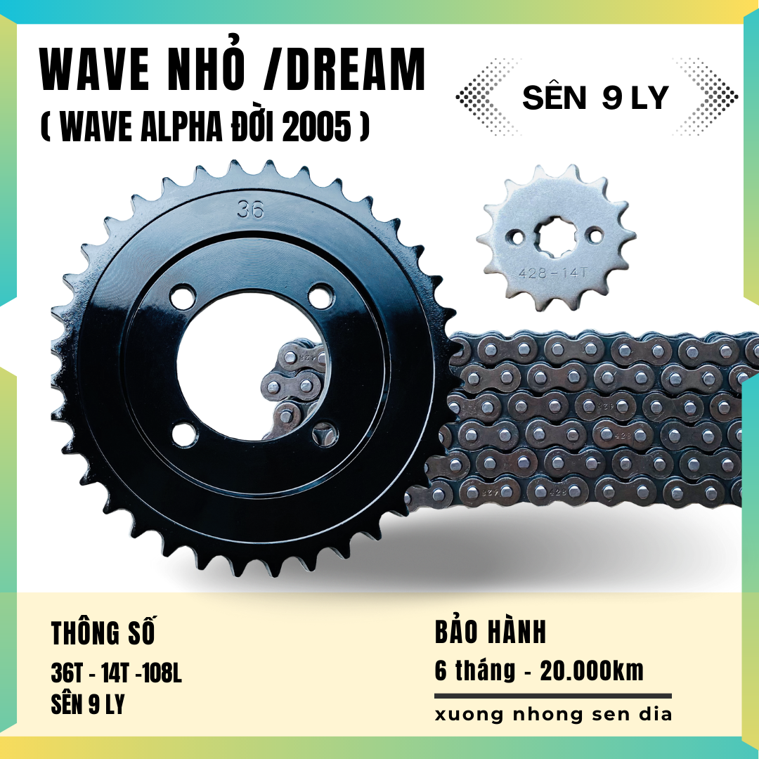 Bộ nhông sên dĩa Dream/ Wave alpha đời 2005/ Wave nhỏ/ Wave Trung quốc