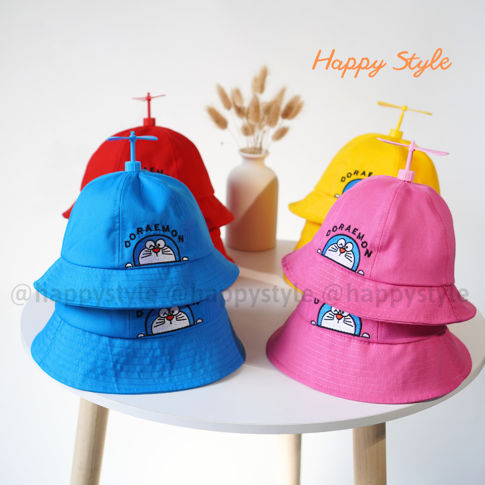 CÓ SIZE NHỎ Mũ bucket thêu Doreamon có chong chóng quay đội cặp couple gia đình chất vải kaki form unisex nam nữ N134