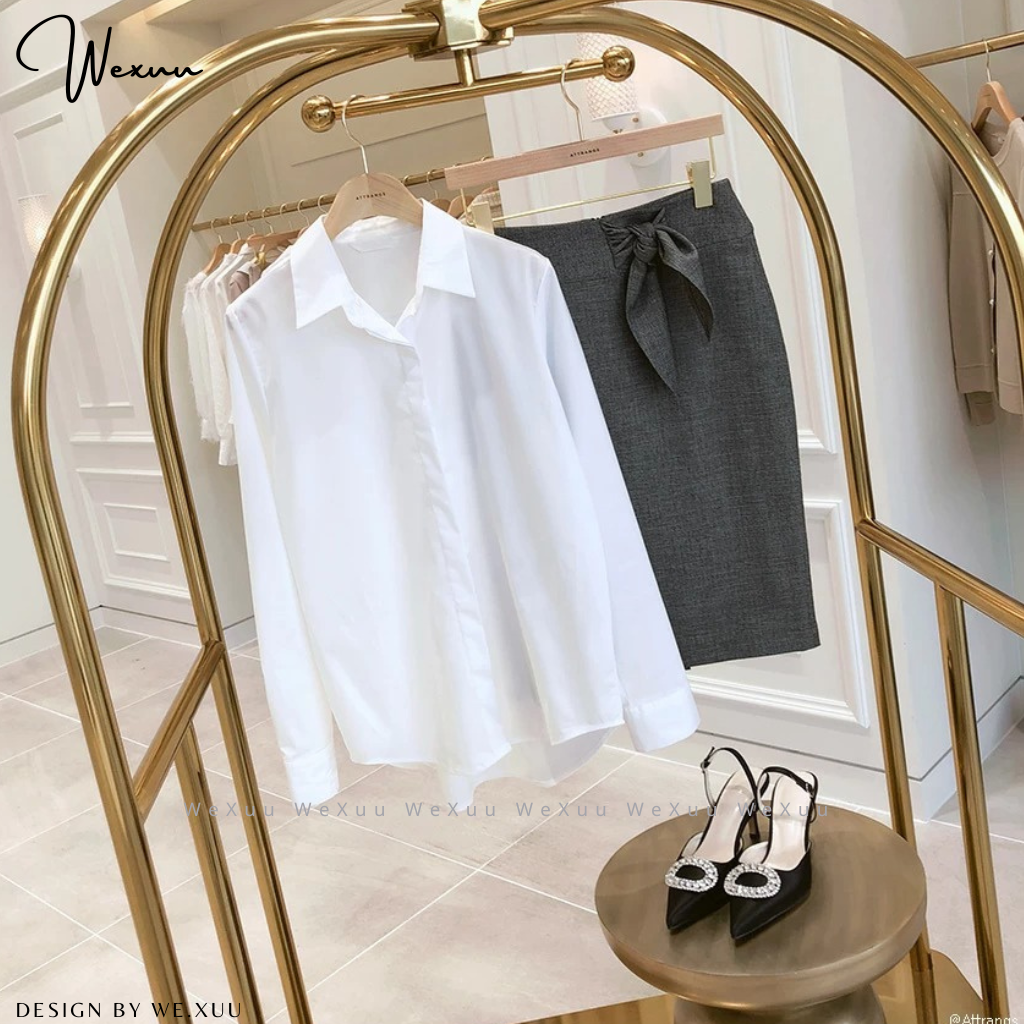 Áo sơ mi nữ trắng công sở dáng suông Wexuu Design áo kiểu giấu cúc, dáng basic dễ phối đồ- SM01