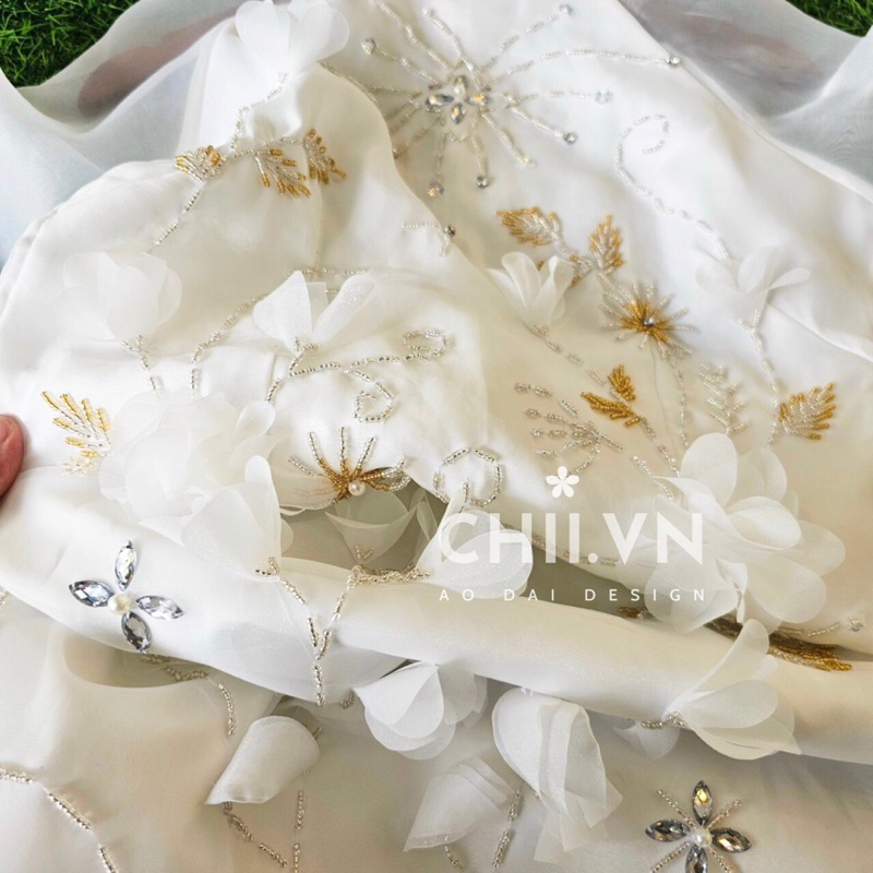 Áo Dài Câch Tân Tơ Organza Dáng Tiểu Thư Đính Hạt Cao Cấp