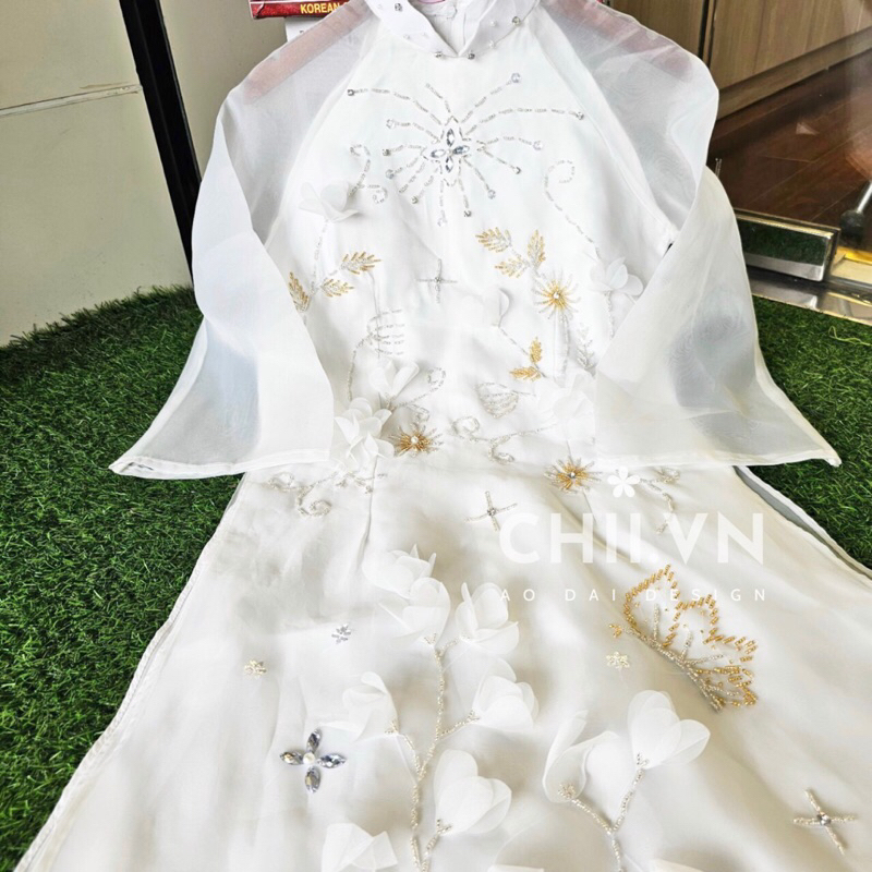 Áo Dài Câch Tân Tơ Organza Dáng Tiểu Thư Đính Hạt Cao Cấp