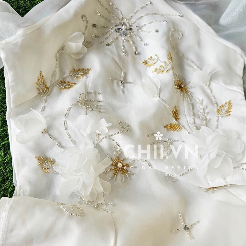 Áo Dài Câch Tân Tơ Organza Dáng Tiểu Thư Đính Hạt Cao Cấp