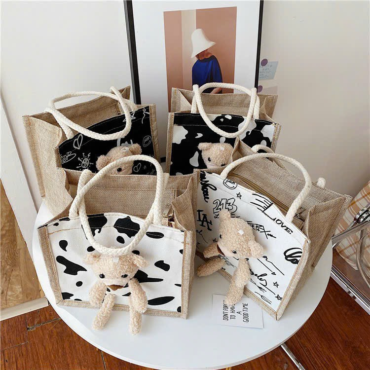 Túi Cói Mini, Túi Tote Gấu Bông Dễ Thương Vintage