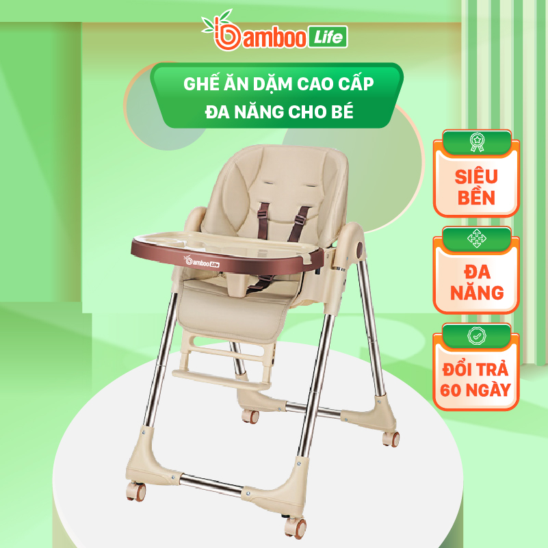Ghế ăn dặm cho bé Bamboo Life chính hãng gấp gọn đa năng thay đổi độ cao nhiều chế độ có bánh xe mang đi chơi du lịch