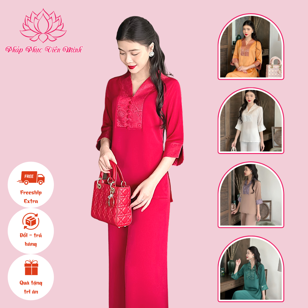 Pháp phục nữ đi chùa, đồ bộ lam đi chùa chất liệu lụa phối gấm cao cấp - Pháp phục Viên Minh - VM08