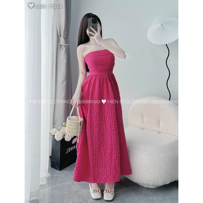 Đầm xoè dài sọc caro cúp ngực chạy mocking thân sau sexy sang chảnh