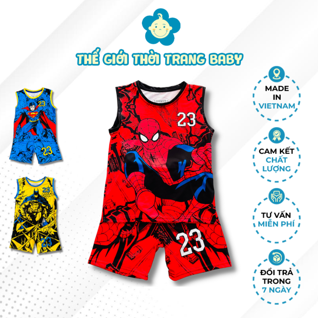 Bộ đồ siêu nhân sát nách bé trai từ 2 tuổi đến 5 tuổi super man, spiderman, batman BN185
