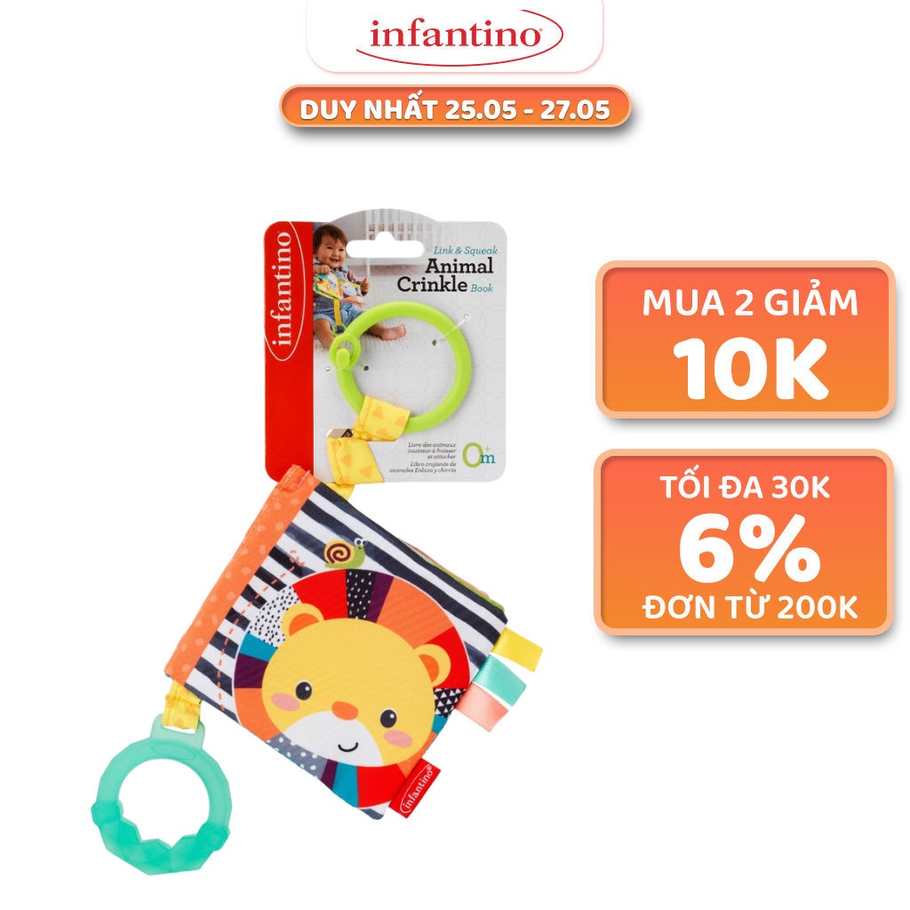 Sách Vải Treo Có Tiếng Sột Soạt Kiêm Gặm Nướu INFANTINO Link & Squeak Animal Crinkle Book Đồ Chơi Dành Cho Bé Từ 0M