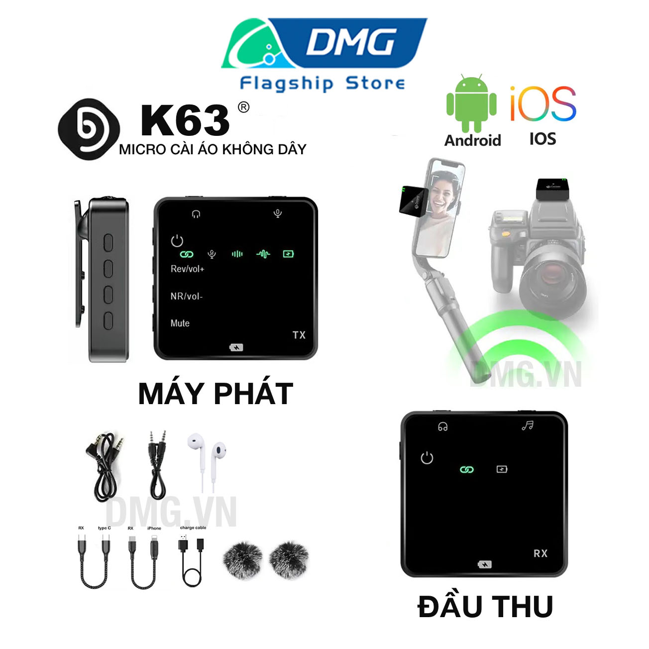 Micro cài áo không dây K63 dock Cho điện thoại iOS Android Máy ảnh để live steam Vloger TikTok FB Youtuber vv