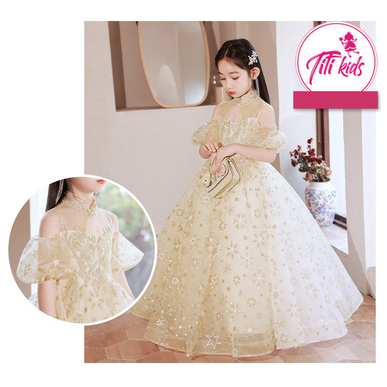 Đầm Công Chúa Bé Gái TiTiKids Đầm Vàng Hoa Tuyết CC242