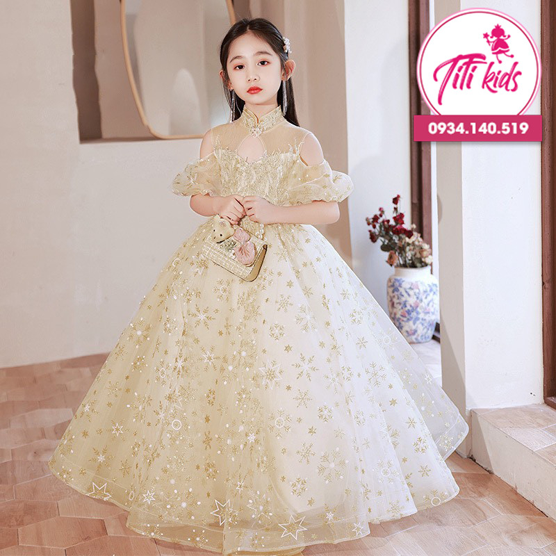 Đầm Công Chúa Bé Gái TiTiKids Đầm Vàng Hoa Tuyết CC242