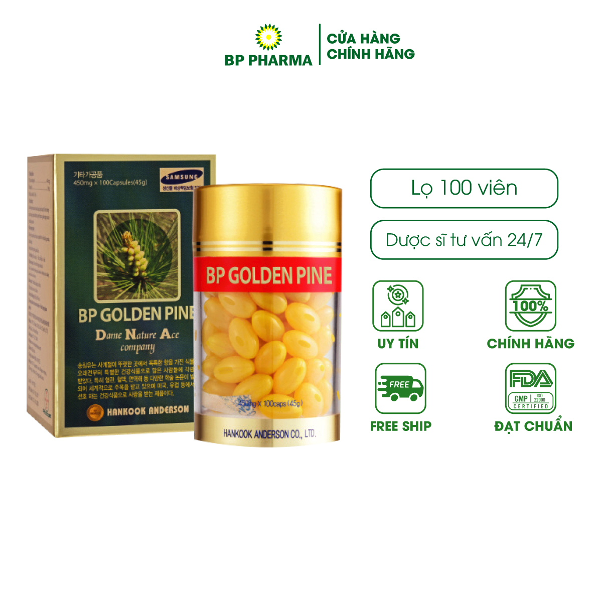 Tinh Dầu Thông Đỏ Hàn Quốc BP Golden Pine, Hỗ Trợ Giảm Mỡ Máu, Ổn Định Huyết Áp, Miễn Dịch - Hộp 100v x45g