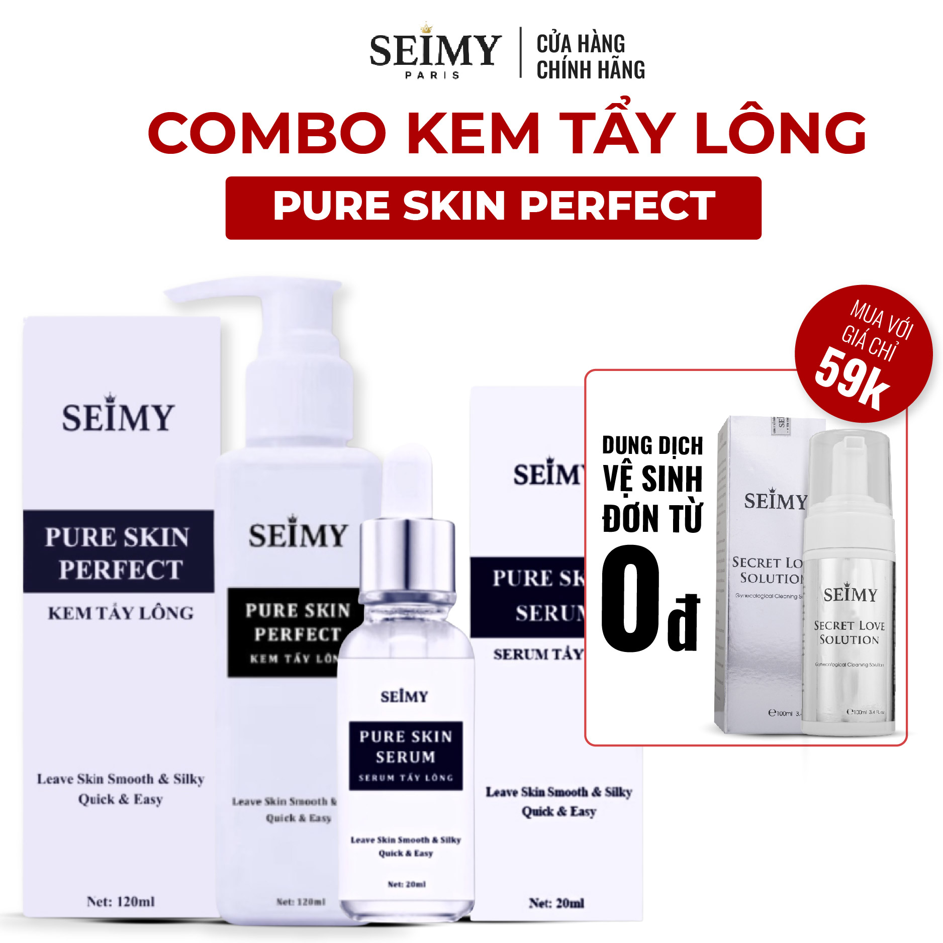 Combo Kem Tẩy Lông Seimy - Pure Skin Perfect triệt sạch bất chấp mọi loại lông vĩnh viễn nhanh gọn...