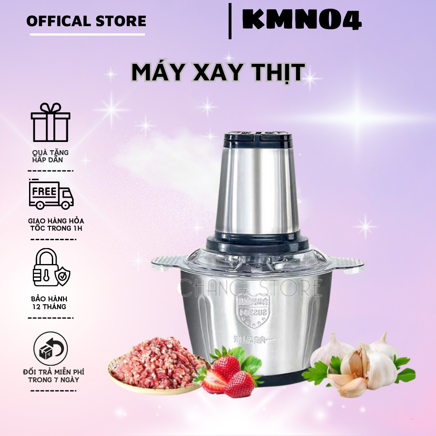 Máy xay thịt, cối xay thực phẩm nhà bếp 2L, chất liệu inox 304 chuẩn, 4 lưỡi dao siêu bén, tiện dụng, bảo hành 12 tháng