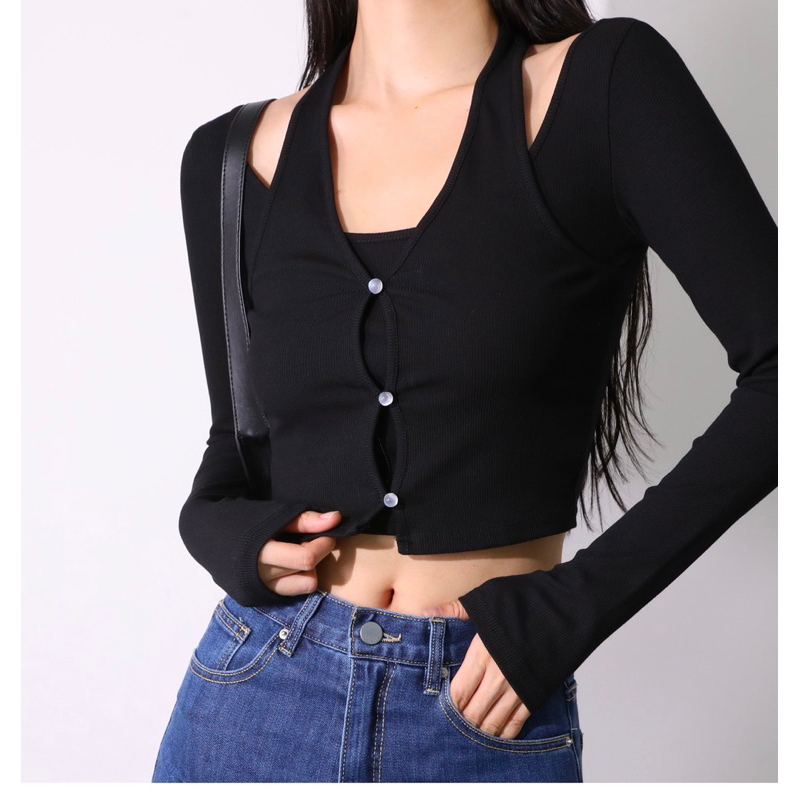 Áo thun len croptop cổ yếm quyến rũ ôm body