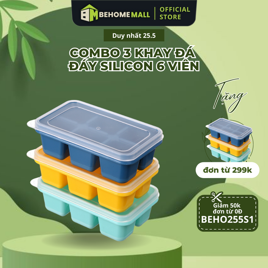 Khay đá Silicon BEHOMEMALL khuôn làm đá làm thạch có nắp 6 viên tiện lợi combo 3 khay đá (Giao màu ngẫu nhiên)