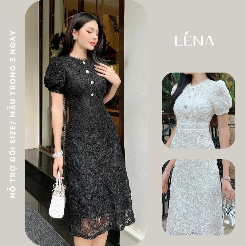 Đầm ren 2 lớp dáng a tay bồng nút ngọc LENA, dự tiệc tiểu thư sang trọng - D3008