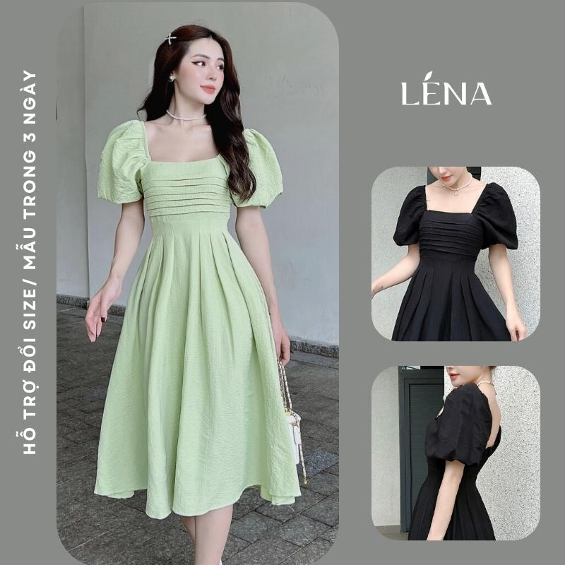Đầm midi dáng xòe ngực xếp ly tay bồng dự tiệc LENA vintage sang trọng - D2188