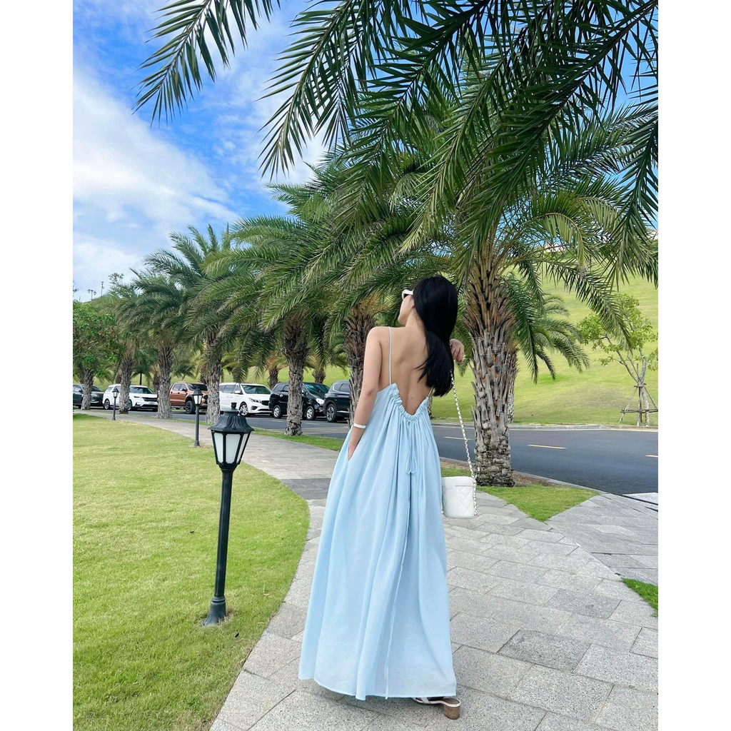Váy cổ yếm đi biển hở lưng rút dây siêu xinh, đầm cổ yếm đi biển