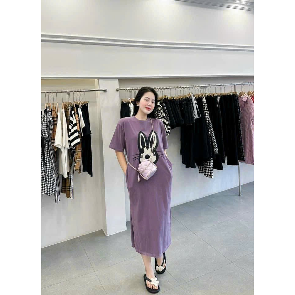 Đầm suông maxi màu tím họa tiết con thỏ xinh xắn
