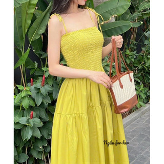 Váy maxi hai dây bo chun đi biển - Đầm maxi đi biển tùng xoè [Hàng thiết kế Ngâu clothes]