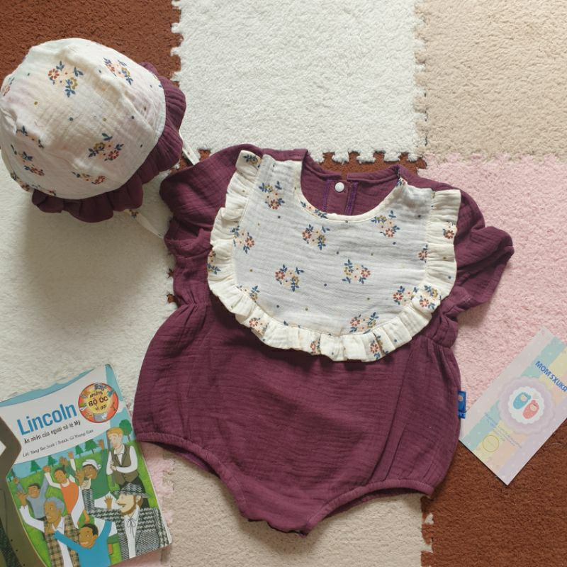 jumpsuit HÀNG THIẾT KẾ Xô Hàn muslin kèm nón (Size dưới 10 kg)