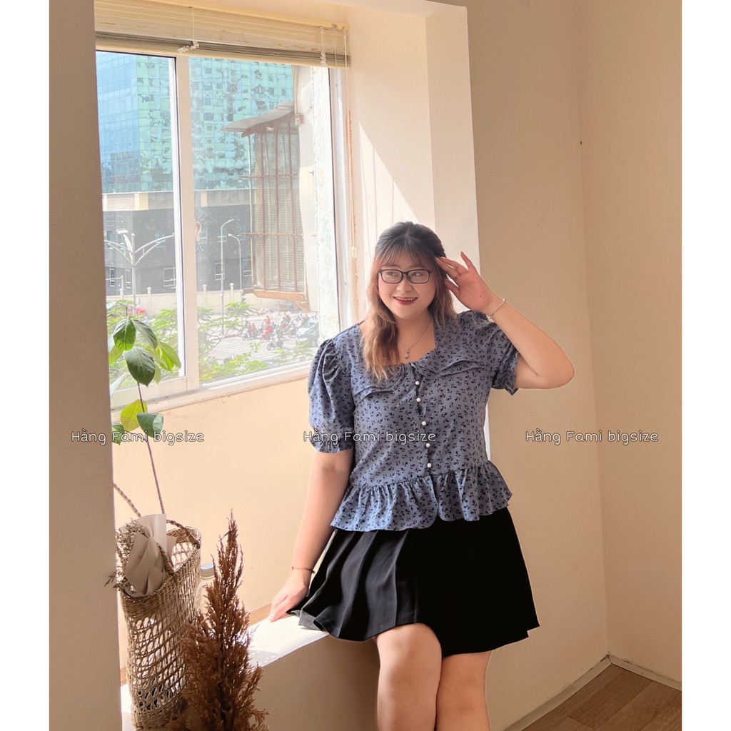 Áo hoa cổ vuông phối khuy trai bigsize