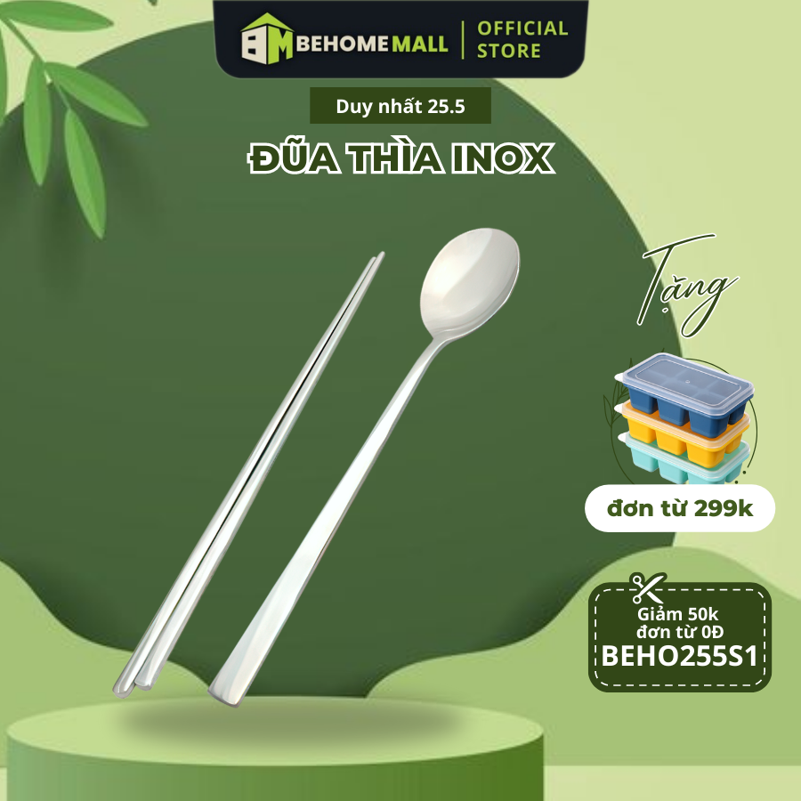 Bộ đũa thìa BEHOME MALL đũa dẹt 23cm và thìa Hàn Quốc bằng inox 304