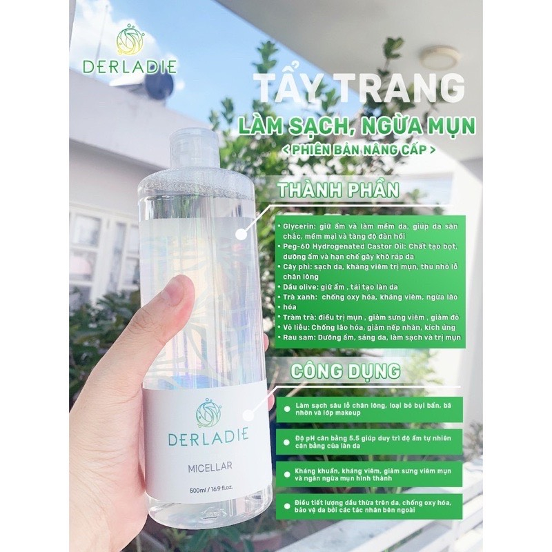 Nước Tẩy Trang Cây Phỉ  Derladie Cleansing Water Witch Hazel làm sạch, ngừa mụn trên da 500ml