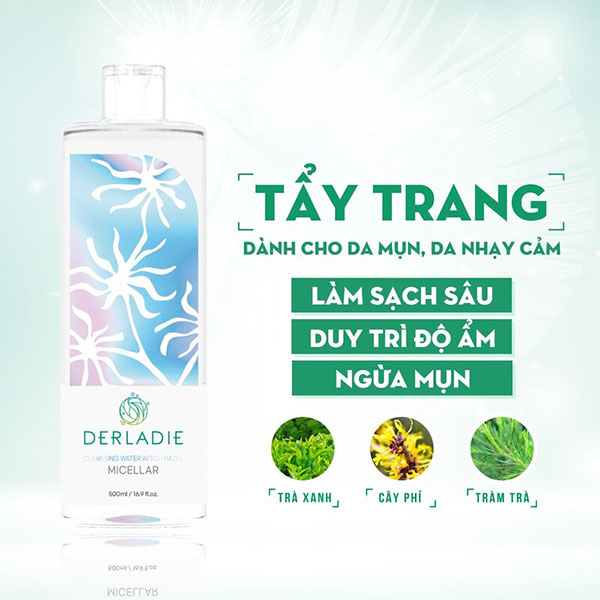 Nước Tẩy Trang Cây Phỉ  Derladie Cleansing Water Witch Hazel làm sạch, ngừa mụn trên da 500ml