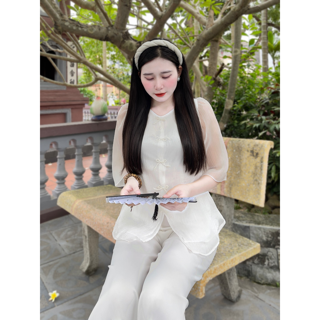 Đồ Lam Đi Chùa Nữ - Bộ pháp phục voan tơ đính nơ cao cấp  Không Nhăn, Không Bai Giãn, Không Phai