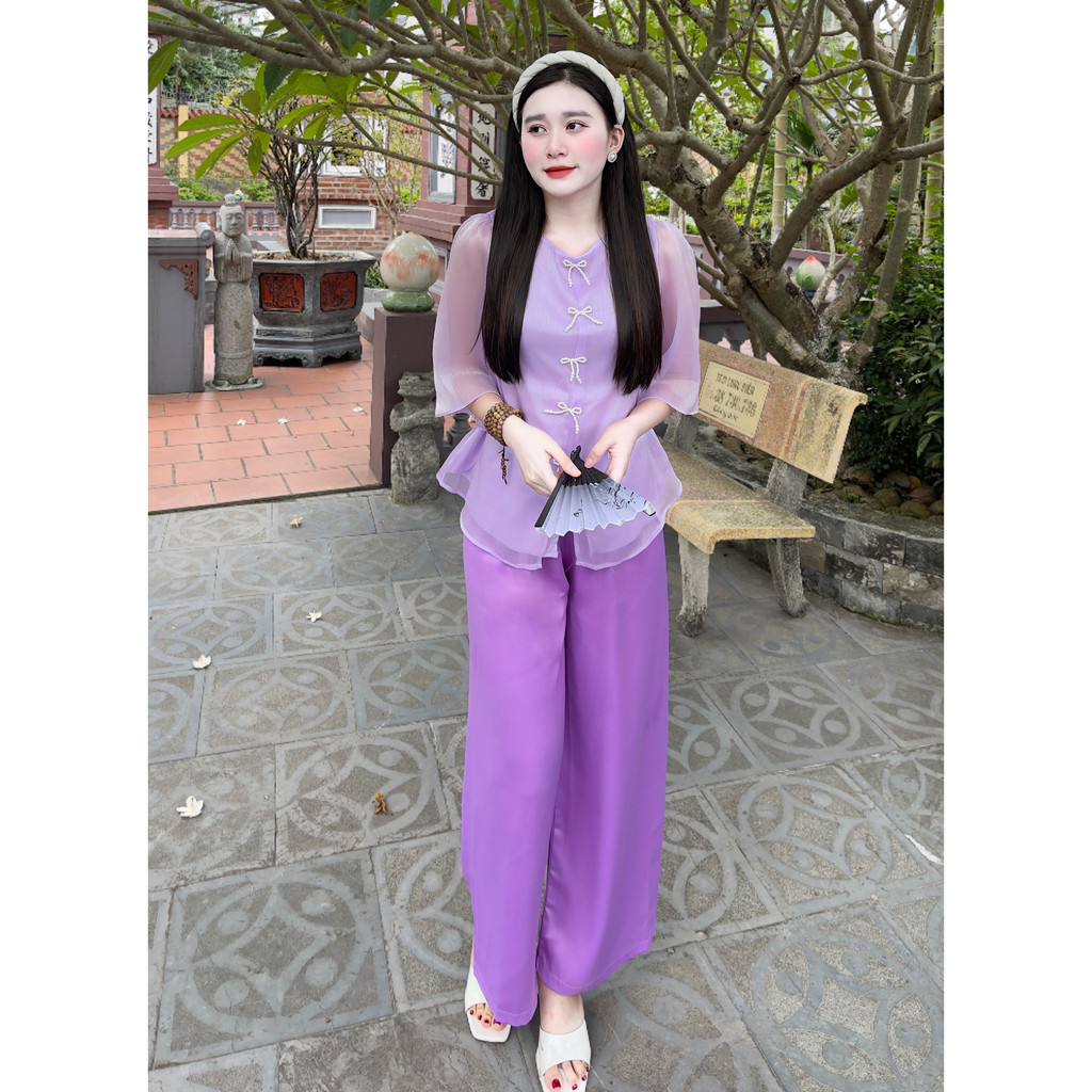 Đồ Lam Đi Chùa Nữ - Bộ pháp phục voan tơ đính nơ cao cấp  Không Nhăn, Không Bai Giãn, Không Phai