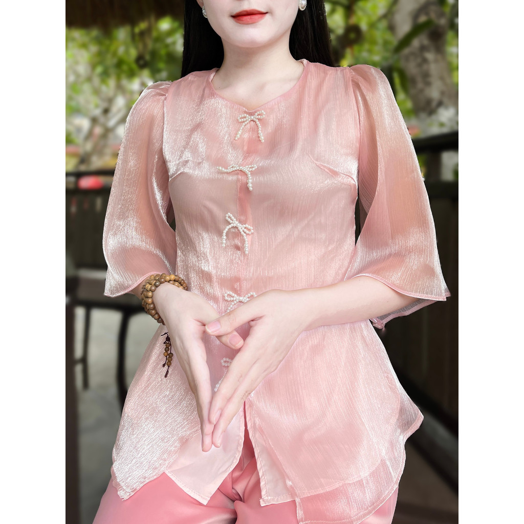 Đồ Lam Đi Chùa Nữ - Bộ pháp phục voan tơ đính nơ cao cấp  Không Nhăn, Không Bai Giãn, Không Phai