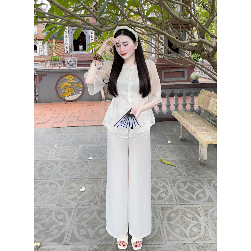 Đồ Lam Đi Chùa Nữ - Bộ pháp phục voan tơ đính nơ cao cấp  Không Nhăn, Không Bai Giãn, Không Phai