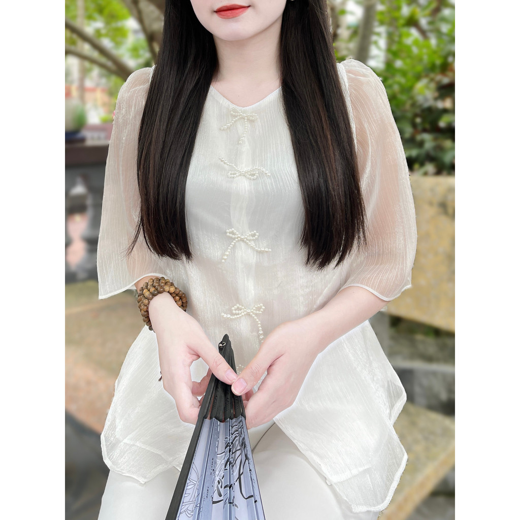 Đồ Lam Đi Chùa Nữ - Bộ pháp phục voan tơ đính nơ cao cấp  Không Nhăn, Không Bai Giãn, Không Phai